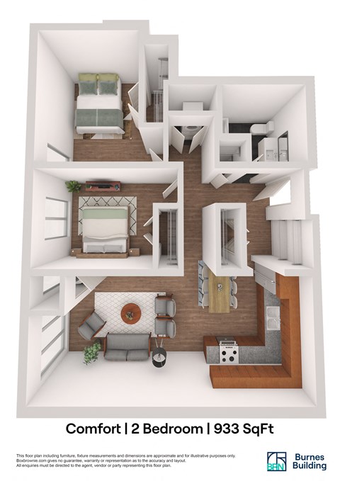 Floor plan for 2 beds, 1 bath, 933 sqft